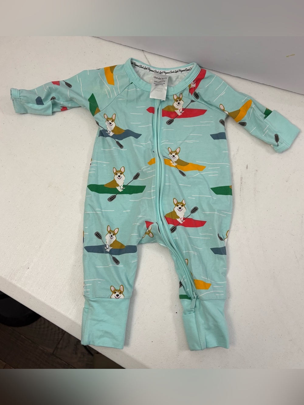 Good Luck sock pajamas Corgi's Kayaking Baby Pajamas newborn light blue